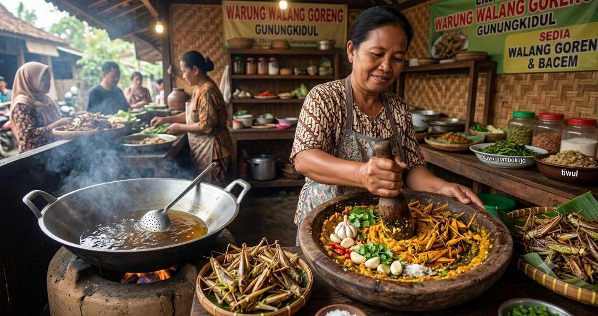 A local vendor preparing fresh grasshoppers by mixing them with garlic and coriander spices before frying