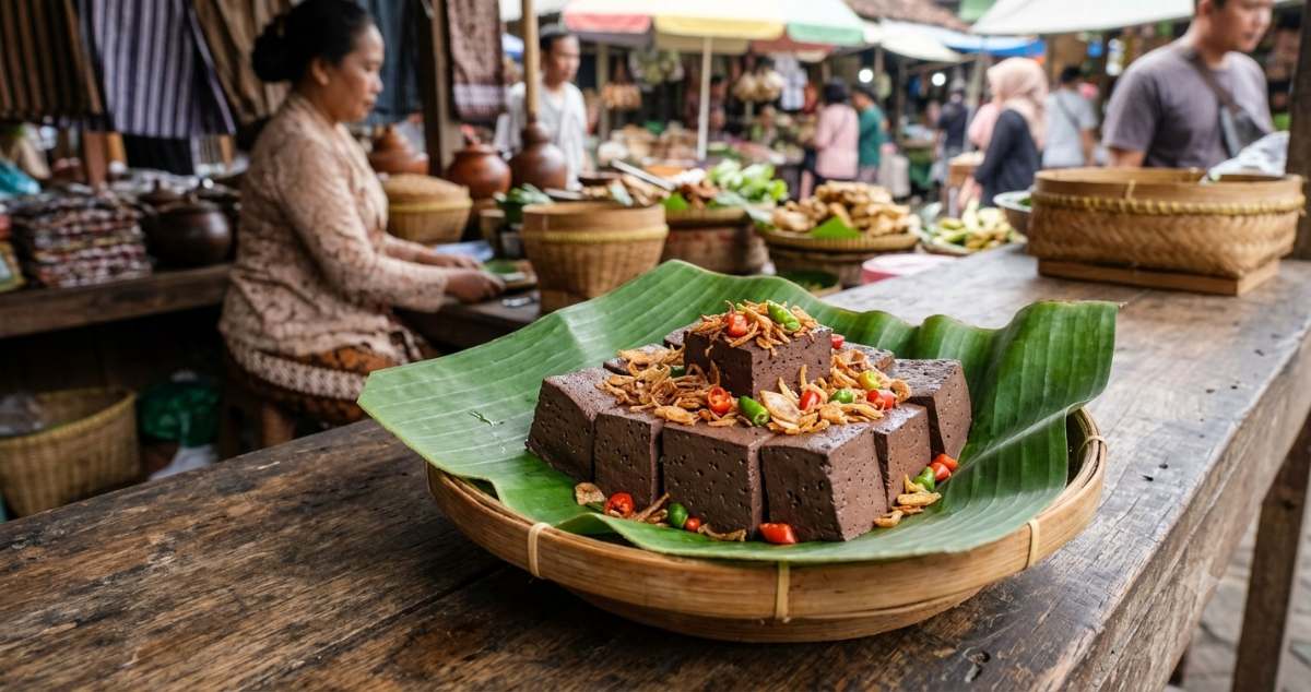Saren, traditional Javanese steamed blood cake served on banana leaf with fried shallots and chili