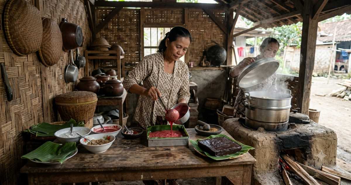 Traditional preparation of Saren showing fresh blood being poured into a steaming mold with coconut milk and spices