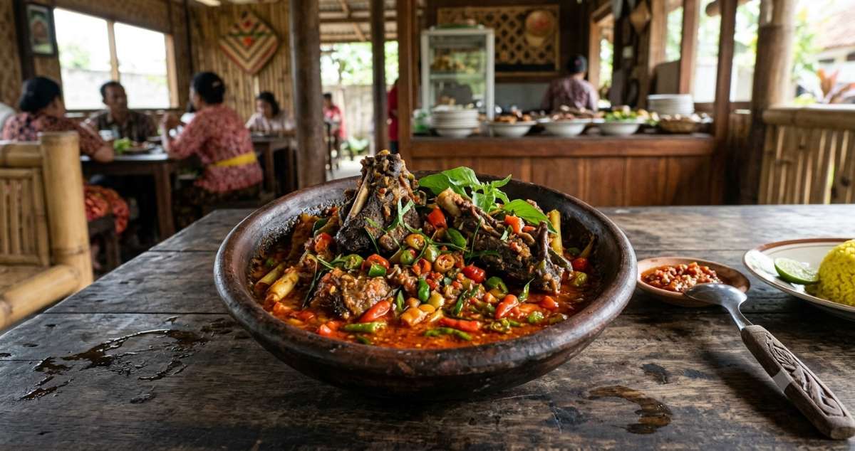 Paniki, a traditional spicy coconut milk dish made from fruit bat, served in a bowl with chili and aromatic spices from North Sulawesi