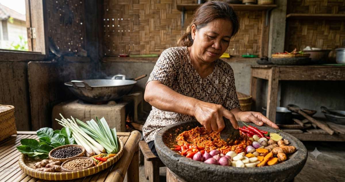 Traditional Manado-style paniki preparation showing the spice paste of chili, garlic, shallots, and turmeric being ground with a mortar and pestle